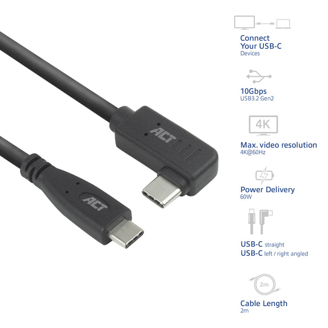 ACT -  Kabel  usb-c standaard usb-c hoek 10gbps 2m
