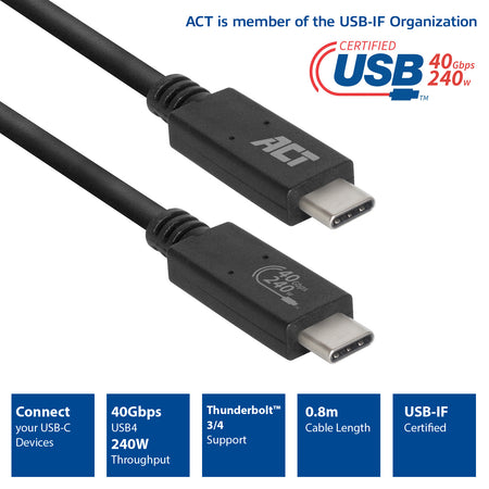 ACT -   USB4® 40Gbps 240W USB Type-C® kabel, USB-IF gecertificeerd 0,8 meter