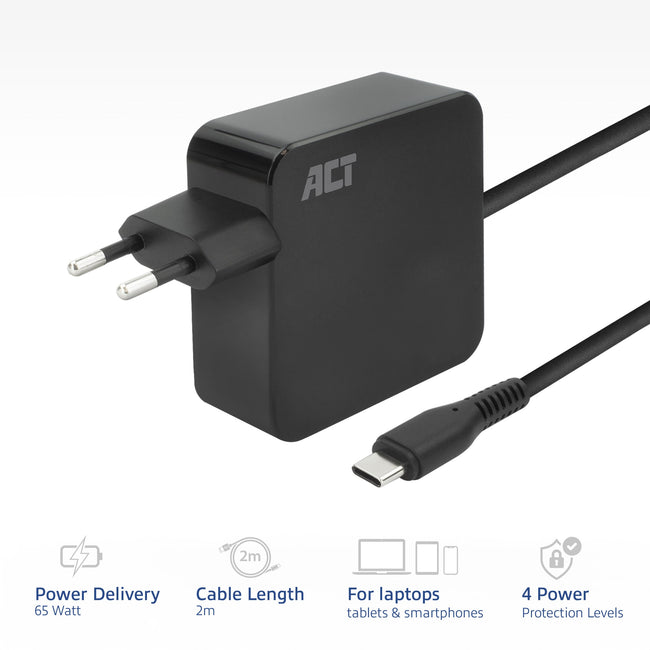 ACT -   USB-C laptoplader 65W met Power Delivery-profielen, 2 meter