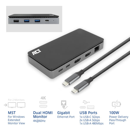 ACT -   USB-C 4K MST dockingstation voor 2 HDMI-monitoren, Ethernet, USB-C, 3x USB-A, PD passthrough en 1 meter lange af