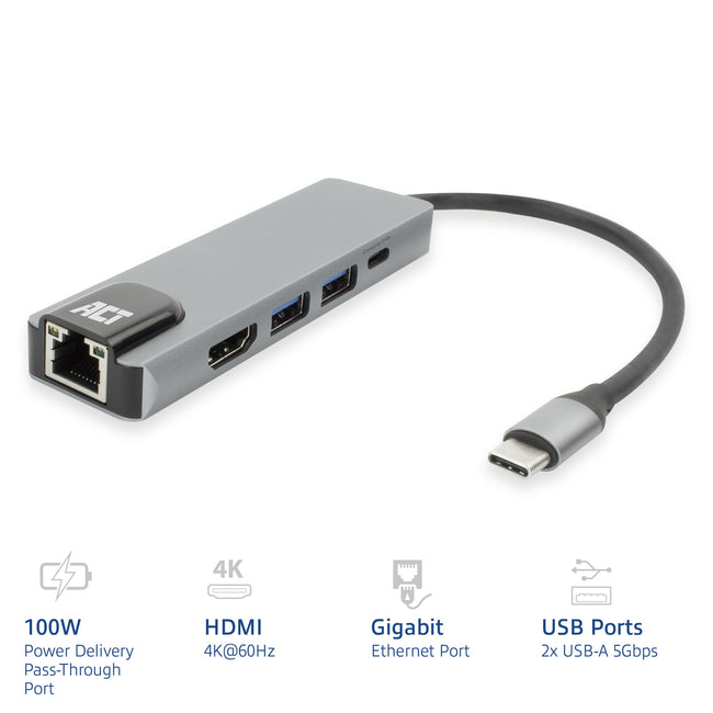 ACT -   USB-C 4K dockingstation voor 1 HDMI monitor, ethernet, USB-A, PD pass-through