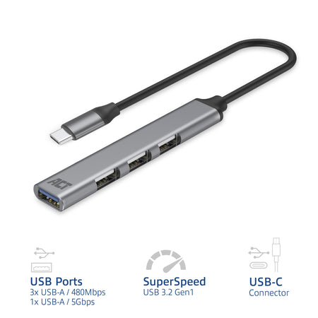 ACT -   USB-C hub, 3x USB-A 2.0 en 1x USB-A 3.0