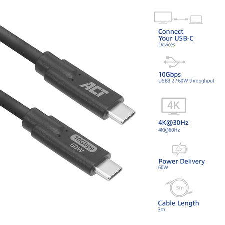ACT -   USB 3.0 10Gbps 60W USB Type-C kabel, 3 meter