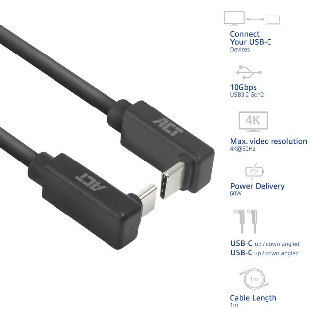 ACT -  Kabel  usb-c hoek boven/beneden 10gbps 1m