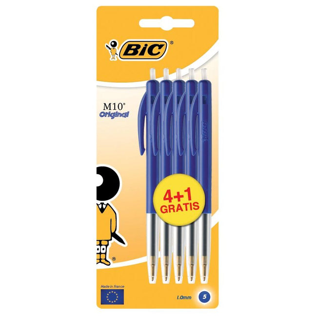 BIC -  balpen M10 Clic schrijfbreedte 0,4 mm, medium punt, blauw, blister 4 + 1 gratis