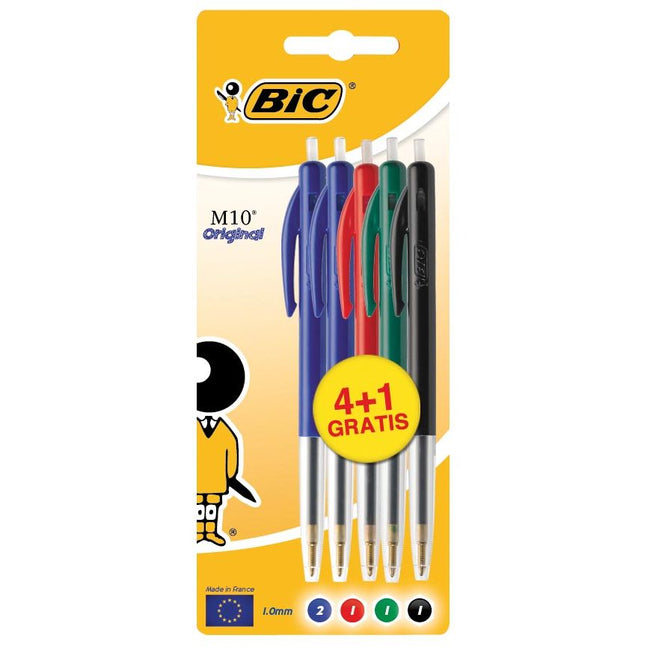 Bic -  balpen M10, blister 4 + 1 gratis in geassorteerde kleuren