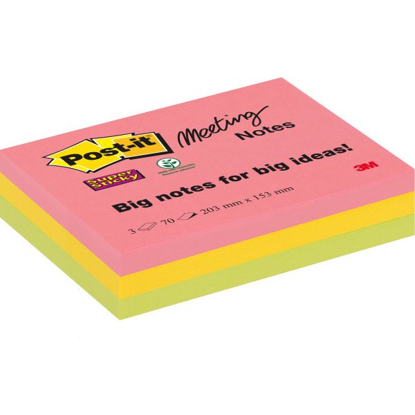 Post-it – Super Sticky Meeting-Notizen, 70 Blatt, 203 x 153 mm, verschiedene Farben, Packung mit 3 Blöcken