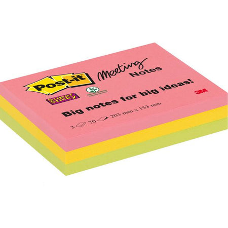 Post-it - Notes de réunion super collantes, 70 feuilles, pi 203 x 153 mm, couleurs assorties, paquet de 3 blocs