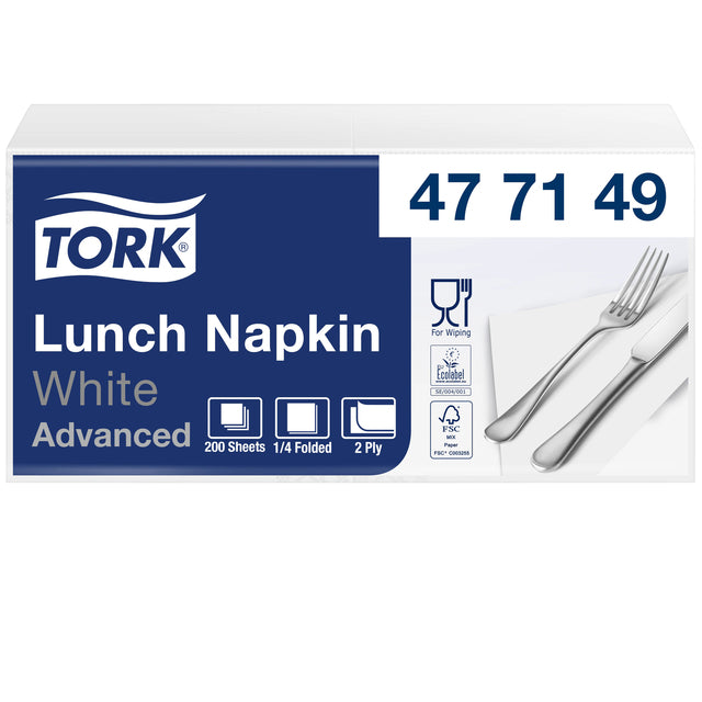 Tork - Serviette déjeuner Advanced 1/4 pli 2 couches 328x325mm 200 feuilles blanc 477149