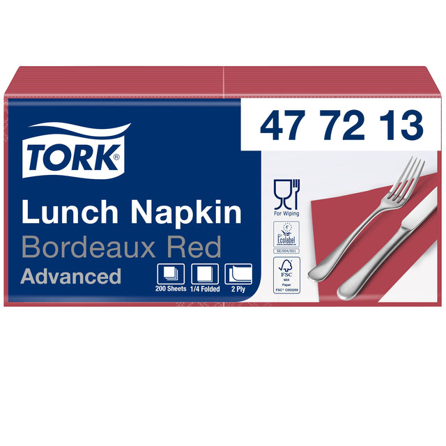 Tork - Serviette déjeuner Advanced pli 1/4 2 couches 328x325mm 200 feuilles rouge bordeaux 477213