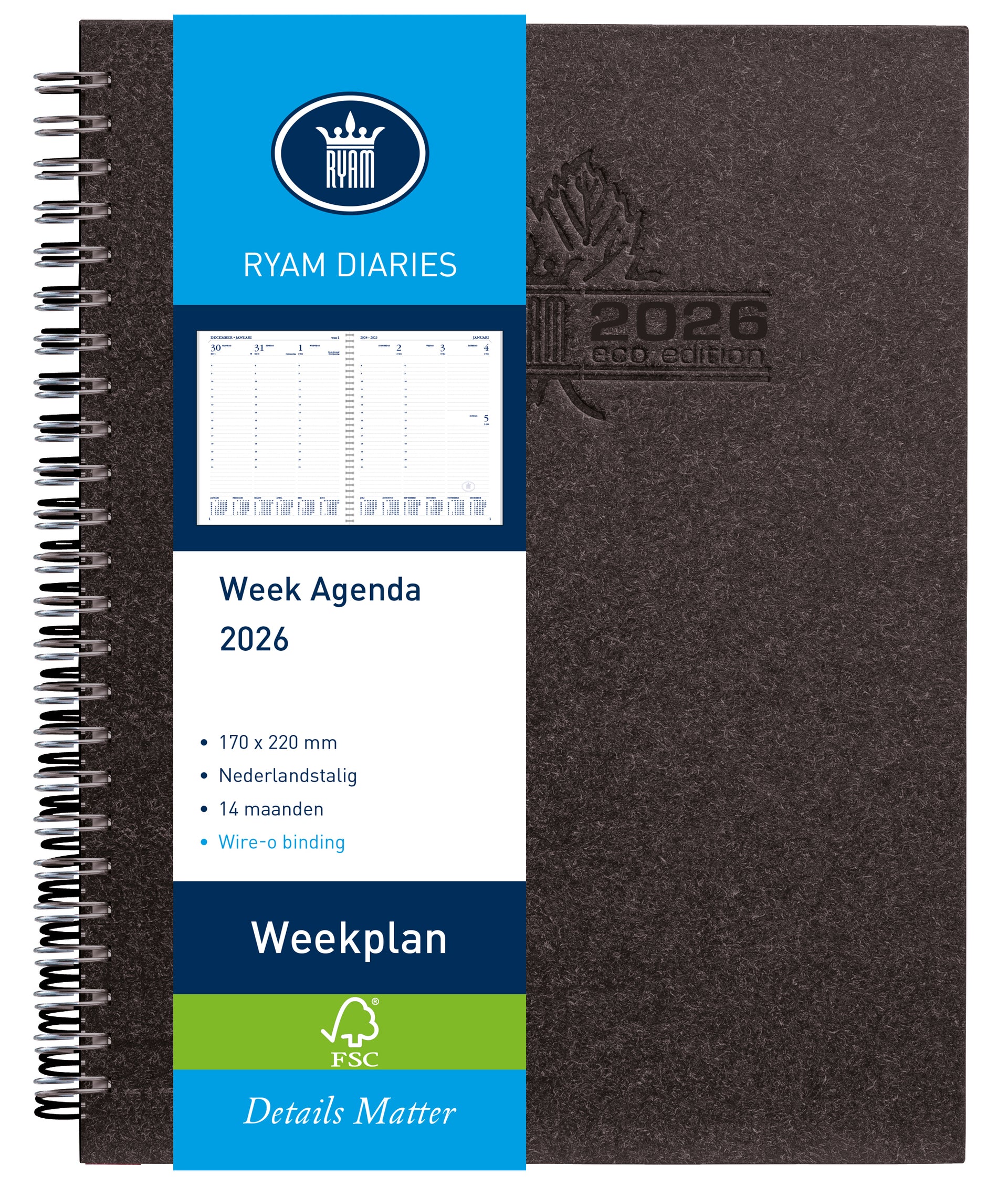 Ryam - Agenda 2026 semainier filaire 7j/2p noir