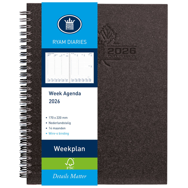 Ryam - Agenda 2026 semainier filaire 7j/2p noir