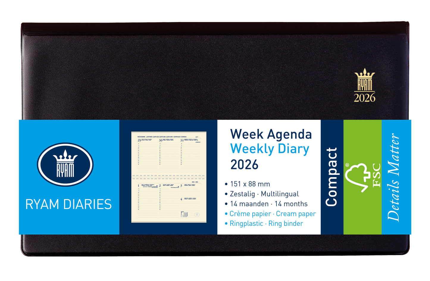 Ryam - Agenda 2026 Compact Suprema 7 jours/2 pages anneau plastique noir