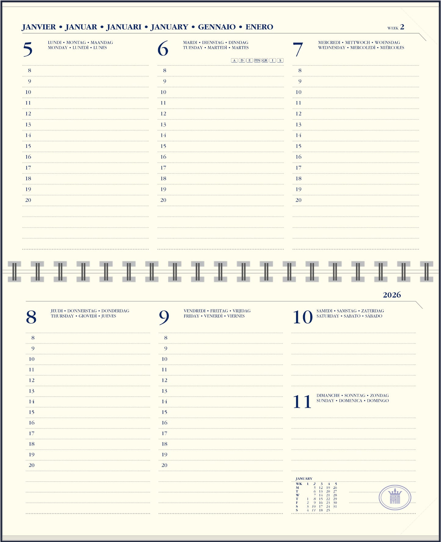 Ryam -  Agendavulling 2026  Memoplan 7 Compact 7 dagen/2pagina's landscape crème