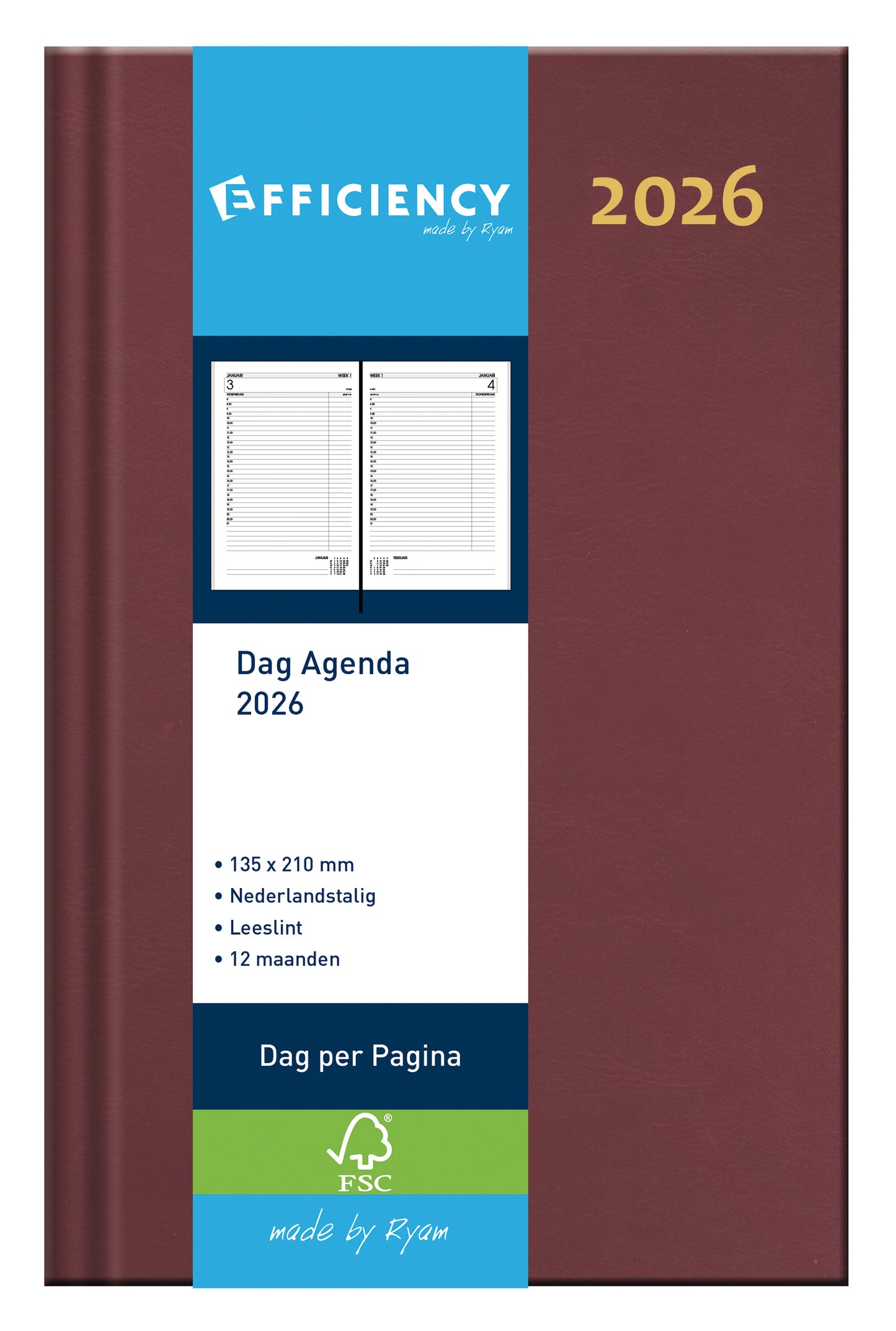 Ryam – Agenda 2026 Effizienz Baladek 1 Tag/1 Seite Burgunderrot