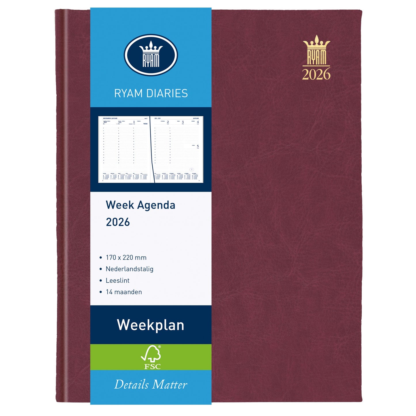 Ryam -  Agenda 2026  Weekplan Mundior 7dagen/2pagina's bordeaux