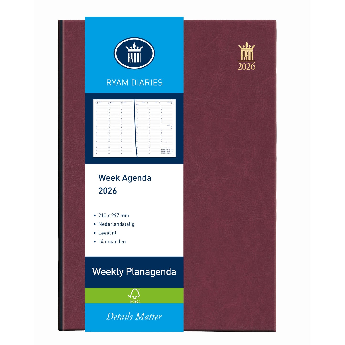Ryam – Agenda 2026 Weekly Mundior 7 Tage/2 Seiten Burgunderrot