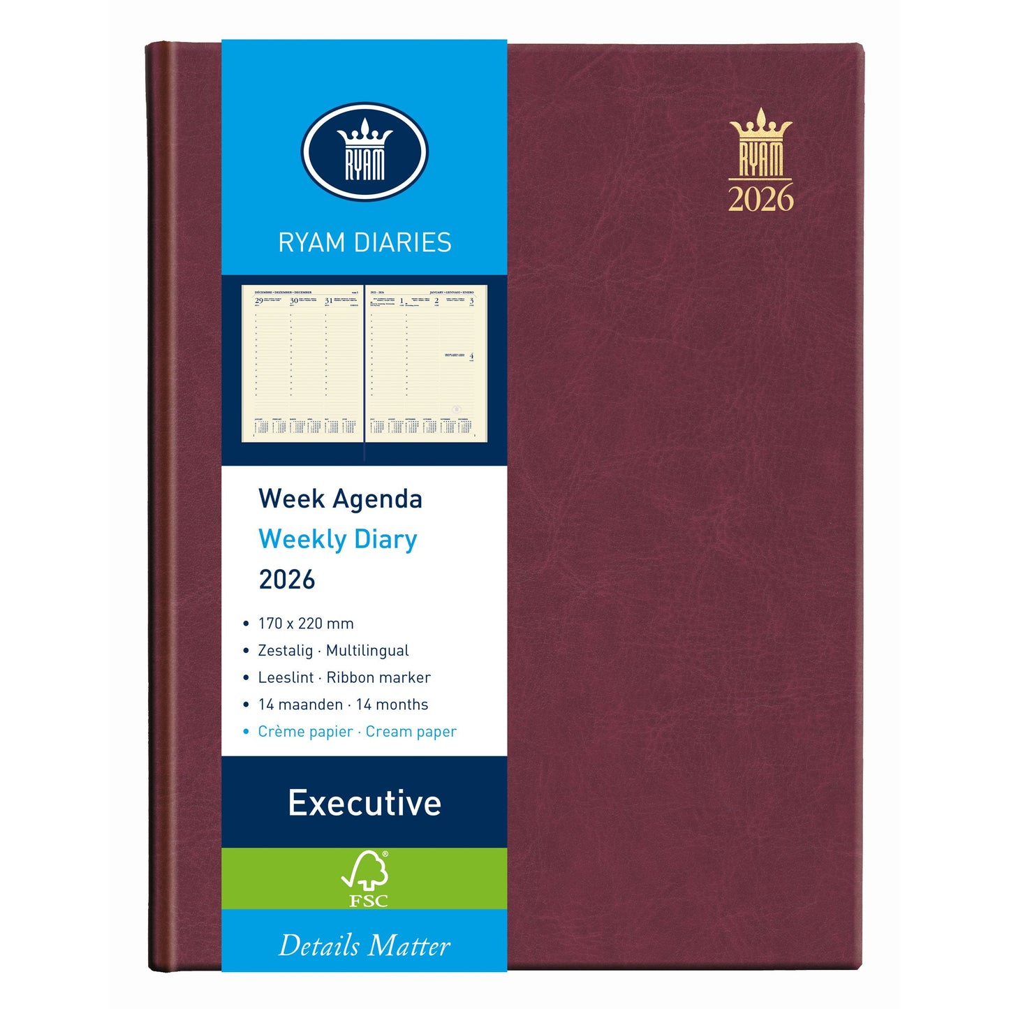 Ryam - Agenda 2026 Executive Mundior 7 jours/2 pages bordeaux