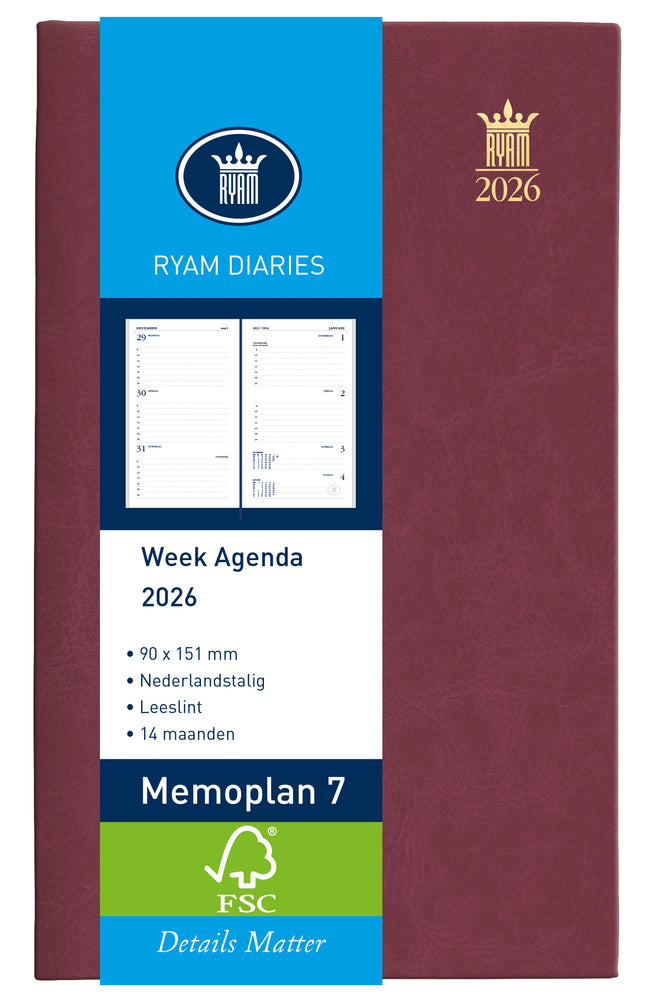 Ryam - Agenda 2026 Memoplan 7 Mundior 7 Tage/2 Seiten Burgunderrot