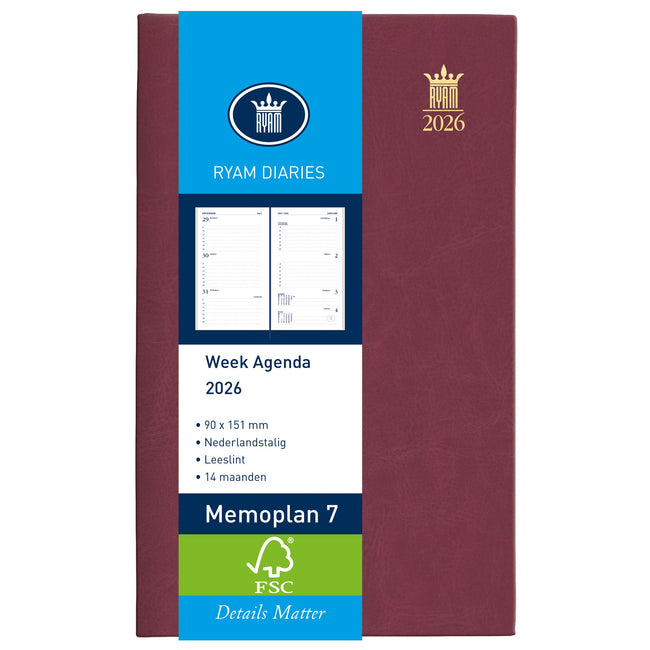 Ryam -  Agenda 2026  Memoplan 7 Mundior 7dagen/2pagina's bordeaux