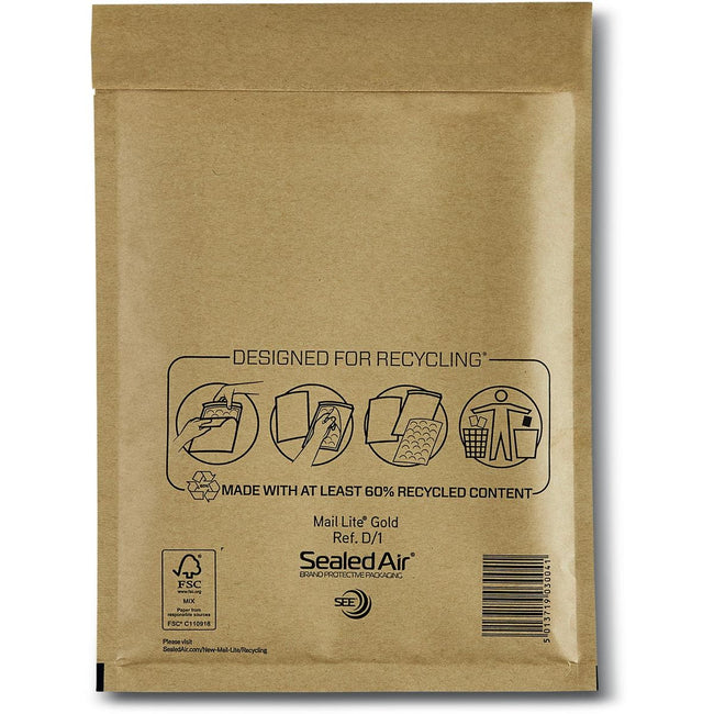 Mail Lite -   luchtkussenenveloppen, goud, D/1, 180 x 260 mm, doos van 200 stuks