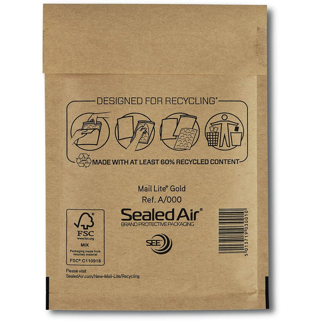 Mail Lite -   luchtkussenenveloppen, goud, A/000, 110 x 160 mm, doos van 200 stuks