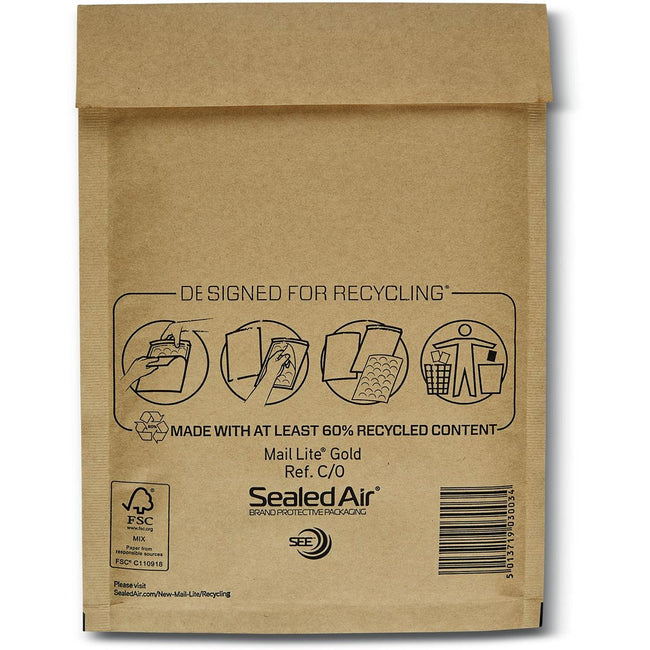 Mail Lite -   luchtkussenenveloppen, goud, C/0, 150 x 210 mm, doos van 200 stuks