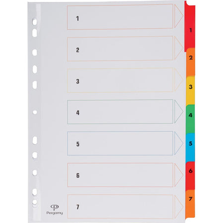 Pergamy - onglets avec feuille d'index, ft A4, perforatrice 11 trous, couleurs assorties, set 1-7