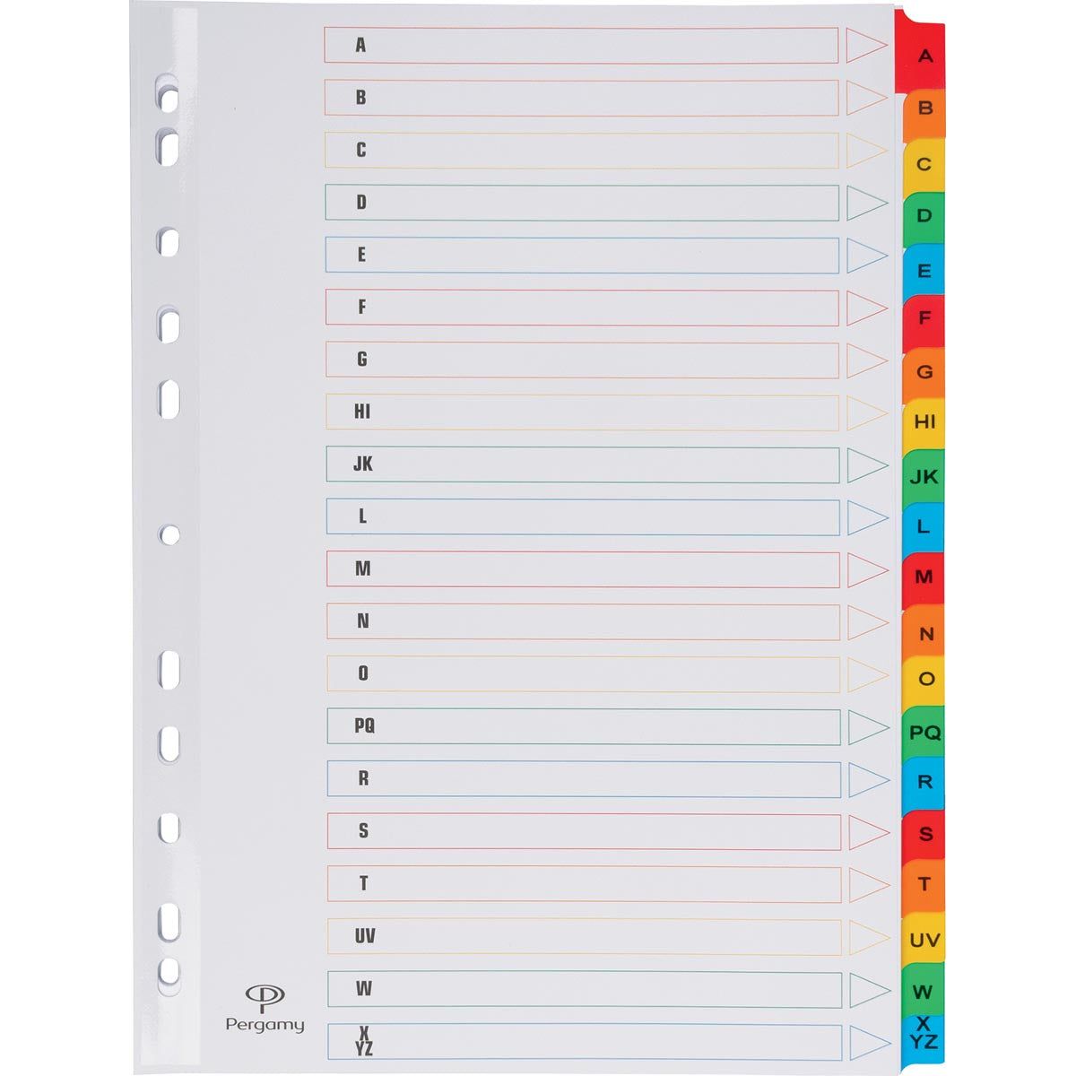 Pergamy - Pergamy tabbladen met indexblad, ft A4, 11-gaatsperforatie, geassorteerde kleuren, A-Z 20 met tabs