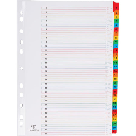 Pergamy - onglets avec feuille d'index, ft A4, perforatrice 11 trous, couleurs assorties, set 1-31