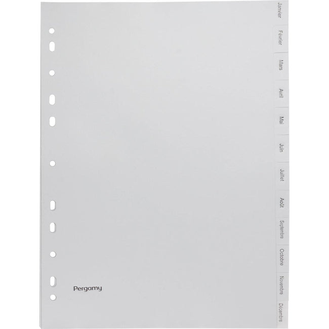 Pergamie – Register, ft A4, 11-Loch-Perforation, graues PP, Janvier-Décembre
