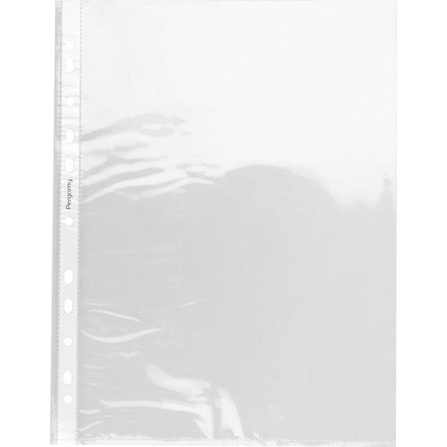 Pergamy – perforierte Ausstellungstasche, ft A4, 11-Loch-Perforation, glasklares PP von 60 Mikron, Packung mit 100 Stück