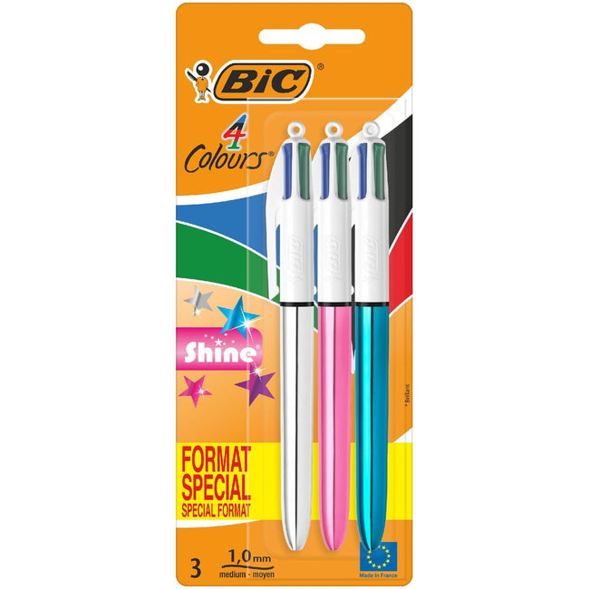 Bic -  Colours Shine 4-kleurenbalpen, medium, klassieke inktkleuren, blister van 3 stuks