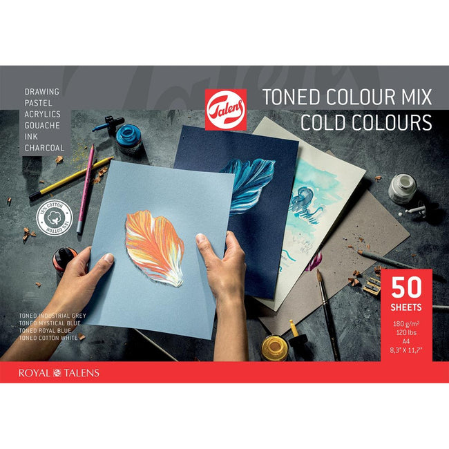 Talens – farbiges Zeichenpapier, 180 g, ft 21 x 29,7 cm, A4, verschiedene kalte Farben, Block mit 50 Blatt
