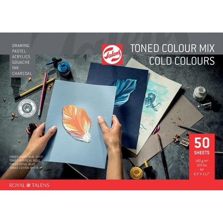 Talens - papier à dessin coloré, 180 g, pi 21 x 29,7 cm, A4, couleurs froides assorties, bloc de 50 feuilles