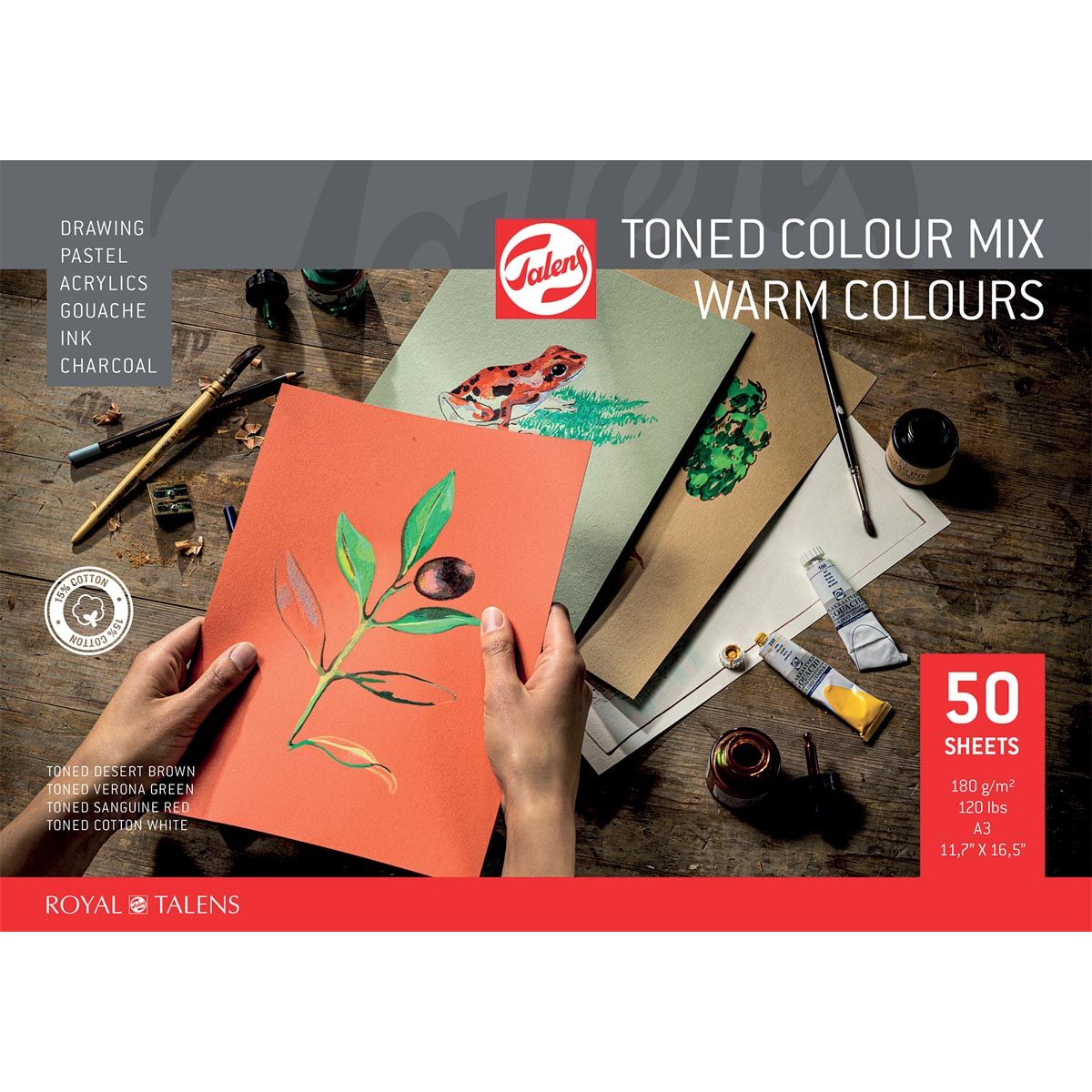 Talens -  gekleurd tekenpapier, 180 g, ft 29,7 x 42 cm, A3, geassorteerde warme kleuren, blok van 50 vel