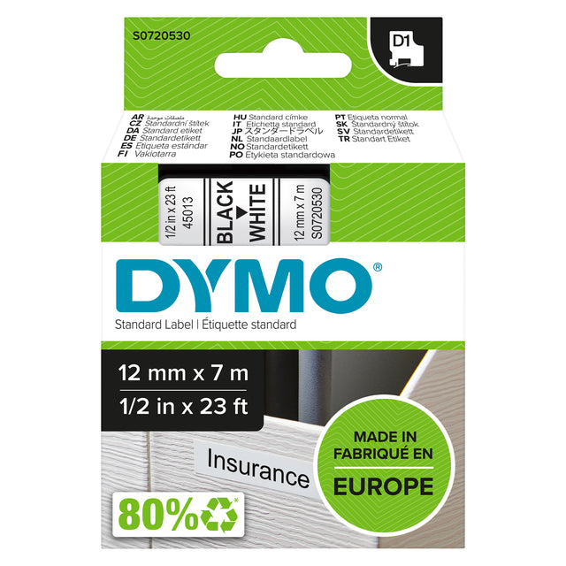 Dymo -  Labele LabelManager D1 polyester 12mmx7m zwart op wit