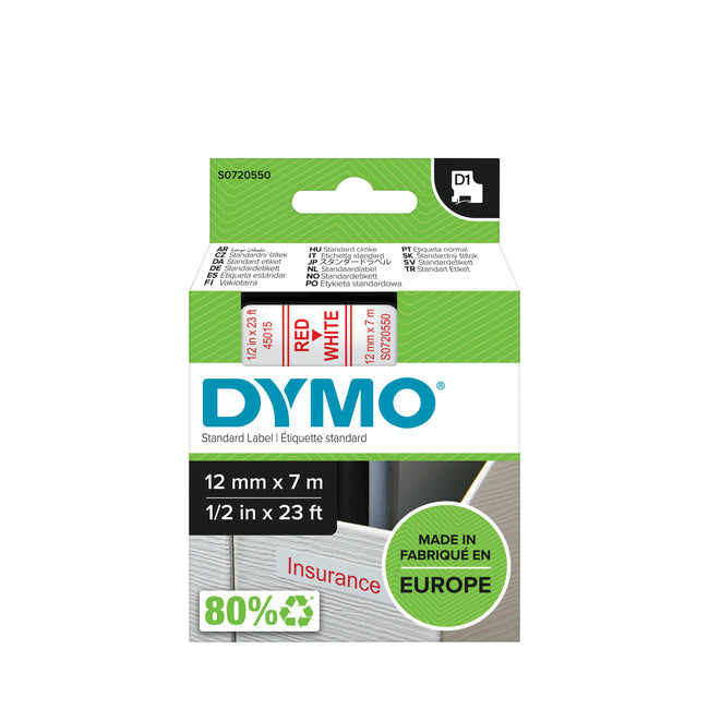 Dymo -  Labele LabelManager D1 polyester 12mm rood op wit | 5 stuks