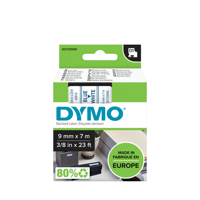 Dymo - Labele LabelManager D1 polyester 9mm bleu sur blanc