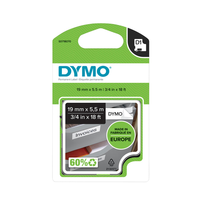 Dymo - D1 permanente polyestere 19 mm, zwart op wit