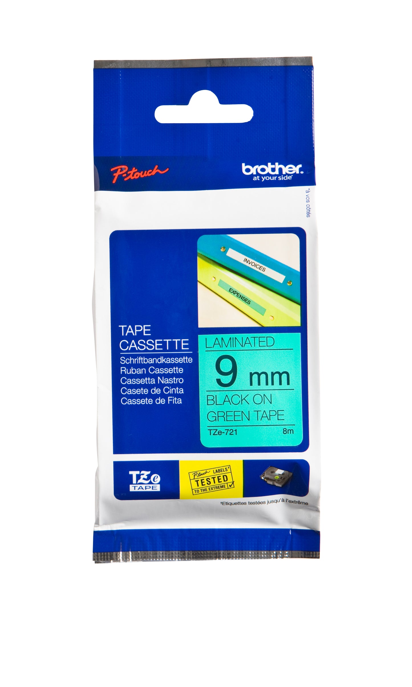 Brother - Labele P-touch TZe-721 standard 9mm noir sur vert