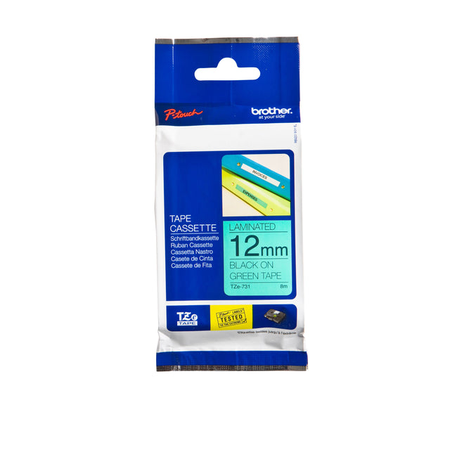 Brother - Labele P-touch TZe-731 standard 12mm noir sur vert | 25 pièces