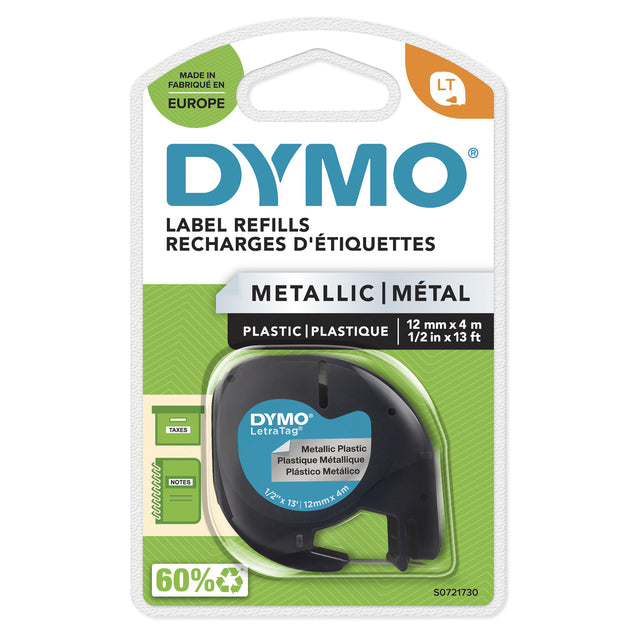 Dymo - Labele LetraTag métallisé 12mm noir sur argent