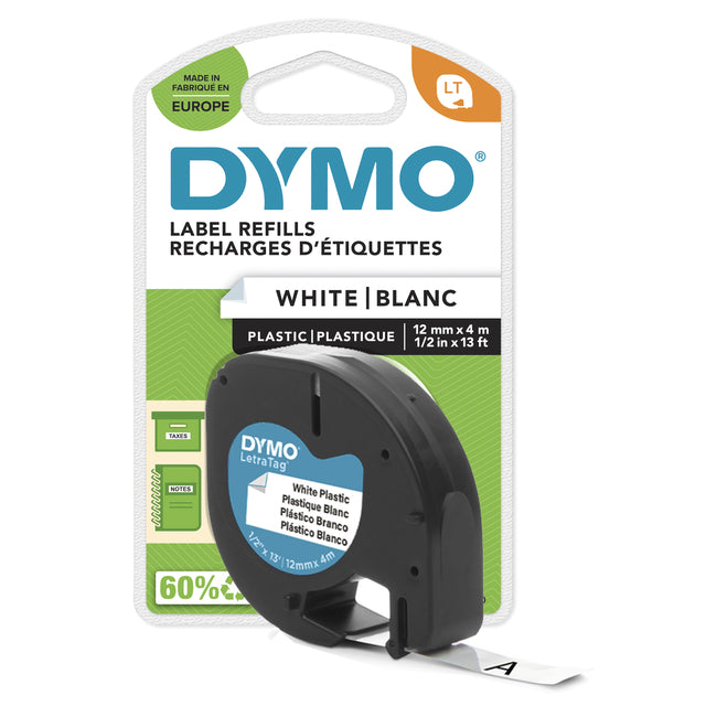 Dymo -  Labele  letratag plastic 12mm wit | 10 stuks