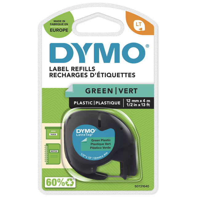 Dymo - Labele LetraTag plastique 12mm noir sur vert