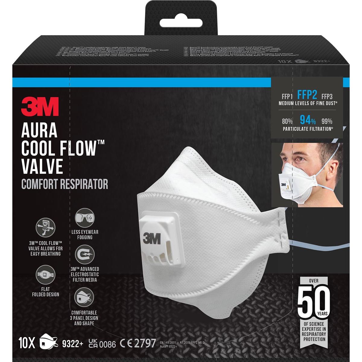 3M -  Aura Comfort Cool Flow stofmasker, FFP2, met ventiel, pak van 10 stuks