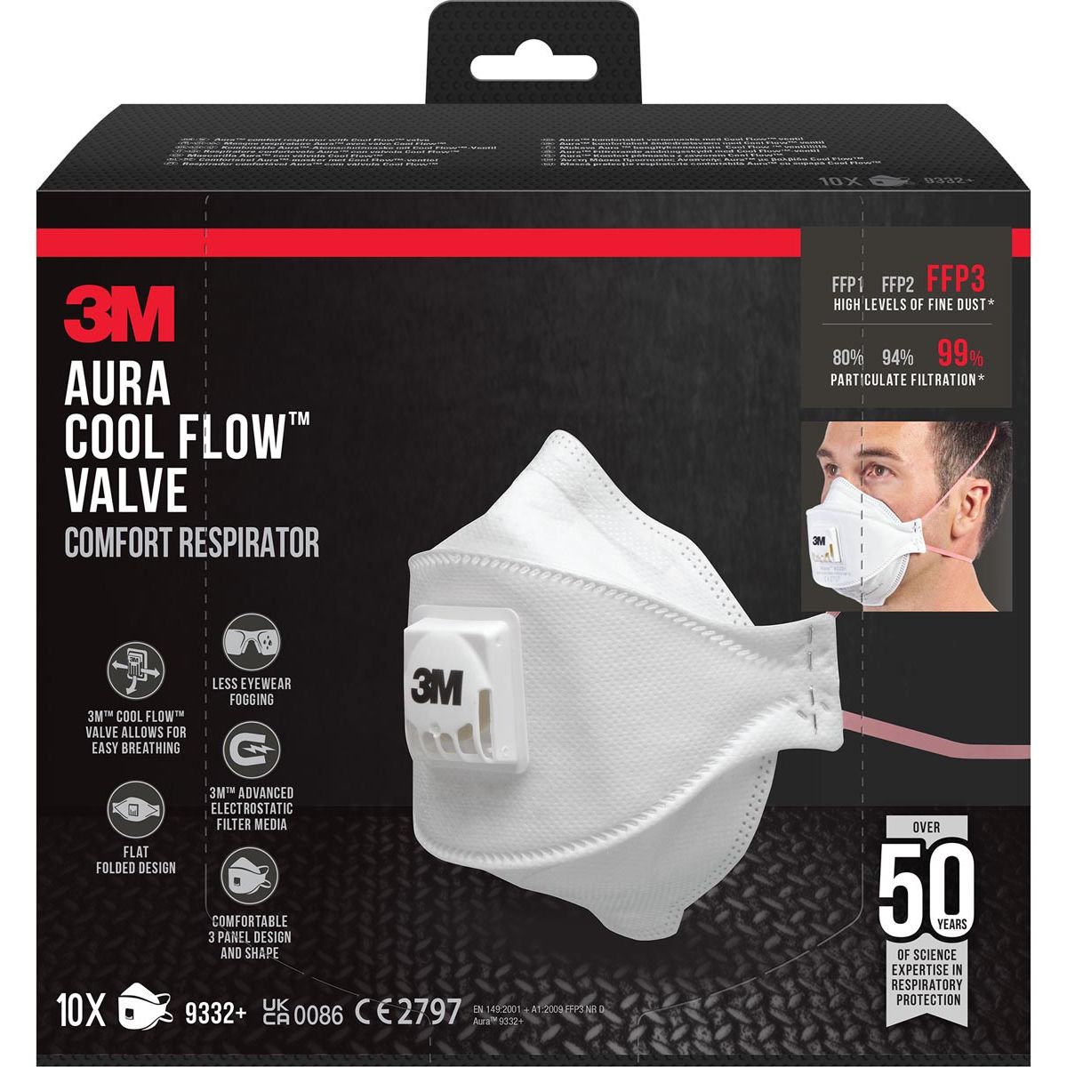 3M -  Aura Comfort Cool Flow stofmasker, FFP3, met ventiel, pak van 10 stuks