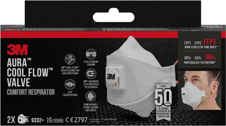 3M -  Aura Comfort Cool Flow stofmasker, FFP3, met ventiel, pak van 2 stuks