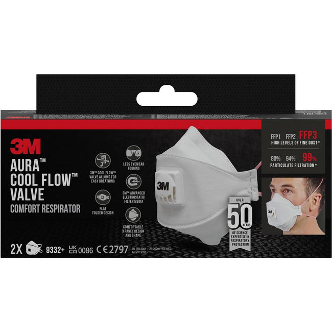 3M -  Aura Comfort Cool Flow stofmasker, FFP3, met ventiel, pak van 2 stuks