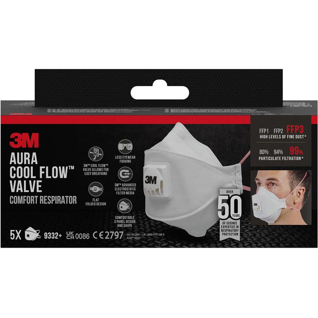 3M -  Aura Comfort Cool Flow stofmasker, FFP3, met ventiel, pak van 5 stuks